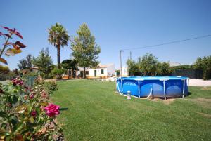 a yard with a blue boat in the grass at Quinta Rosa Branca in Tavira