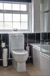 a bathroom with a toilet and a window and a tub at The Two Lifeboats in Sheringham