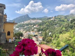 Blick auf eine Stadt auf einem Hügel mit Blumen in der Unterkunft Casa Maria in Vietri