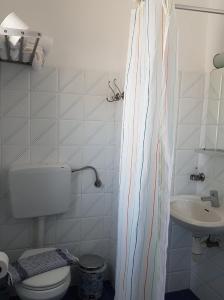 a bathroom with a toilet and a sink and a shower curtain at Bofor Studios & Rooms in Livadion