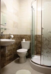 a bathroom with a toilet and a sink and a shower at Park Hotel in Rzepin
