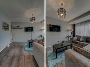 two pictures of a living room with a couch and a table at Newly Renovated Modern Home in Manchester