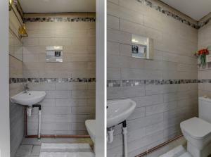 two pictures of a bathroom with a toilet and a sink at Newly Renovated Modern Home in Manchester