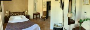 two pictures of a bedroom with a bed and a hallway at Santuario San José in San José