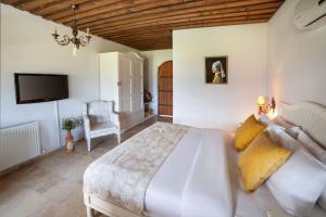 a bedroom with a large white bed and a tv at VINIFERA VINEYARDS HOTEL in Selçuk