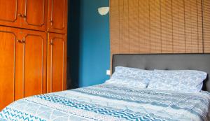 a bedroom with a bed with a blue wall at The Lodge in San Siro