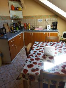 eine Küche mit einem Tisch und einem Laptop darauf in der Unterkunft Ubytování Poustka in Franzensbad