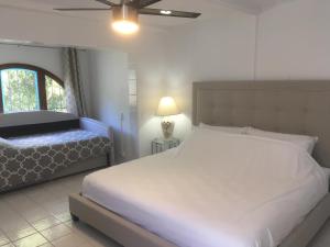 a bedroom with a white bed and a ceiling fan at Beach Townhouse in St Thomas +33 photos