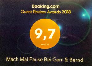 Certifikát, hodnocení, plakát nebo jiný dokument vystavený v ubytování Mach mal Pause bei Geni & Bernd