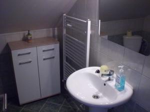 ein Badezimmer mit einem weißen Waschbecken und einer Toilette in der Unterkunft Penzion Aura in Dvůr Králové nad Labem + 34 Fotos