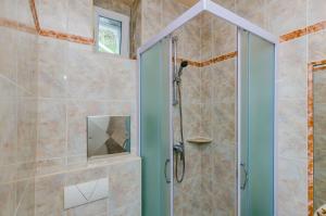 y baño con ducha y puerta de cristal. en Apartments Zanetić, en Zaton