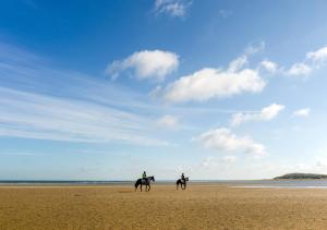 two people are riding horses on the beach at Victoria in Holkham