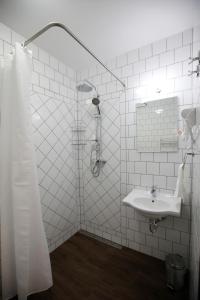 a bathroom with a shower and a sink at Varga Vendégház in Sümegprága