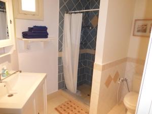 uma casa de banho com um chuveiro, um lavatório e um WC. em Aperi View em Cárpatos