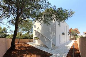 a white building with a staircase next to a tree at Apartments Vila Moli in Bibinje