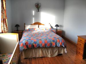 a bedroom with a bed with a blue and red blanket at Holiday Home Glenvale Cottage by Interhome in Valley