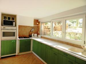 a kitchen with green cabinets and a microwave and two windows at Apartment Kerkor by Interhome in Braconnerie