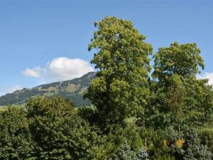 un groupe d'arbres avec une montagne en arrière-plan dans l'établissement Apartment Abendrot by Interhome, à Gstaad