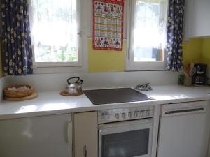 uma cozinha com fogão forno superior e duas janelas em Apartment Steinacher by Interhome em Engelberg
