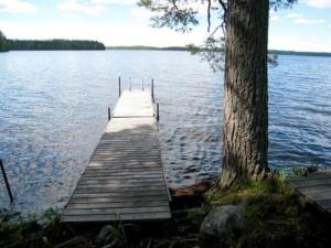 a wooden dock on a lake next to a tree at Holiday Home 6309 by Interhome in Konginkangas
