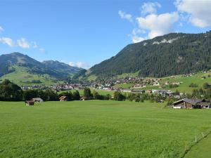 a green field with a town and mountains in the background at Apartment Alpha by Interhome in Zweisimmen