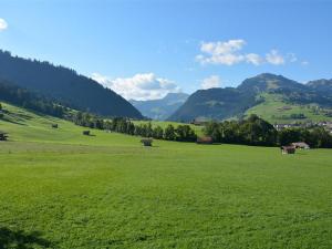 a large green field with mountains in the background at Apartment Alpha by Interhome in Zweisimmen