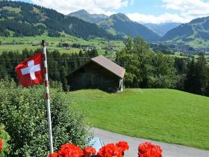 a switzerland flag next to a house in a field at Apartment Rehweid - 2- Stock by Interhome in Gstaad