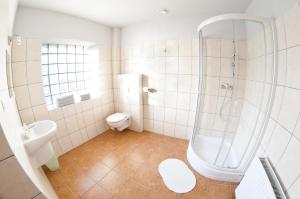 een badkamer met een douche, een toilet en een wastafel bij Zajazd Wrocławski in Kąty Wrocławskie