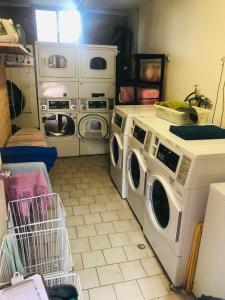 lavadero con 2 lavadora y secadora en Newtown Backpackers en Sídney