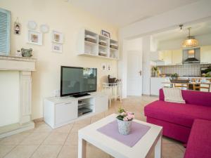 salon z telewizorem i fioletową kanapą w obiekcie Apartment Moira-2 by Interhome w mieście Ika +28 zdjęć