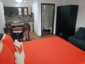 トゥルダにあるCasa Auroraのリビングルーム(赤いベッド1台付)、キッチンが備わります。