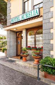 a hotel entrance with flower pots in front of it at Hotel Aurelia in Tarquinia