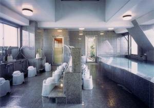 a large bathroom with a pool and sinks and toilets at Check In Matsuyama in Matsuyama