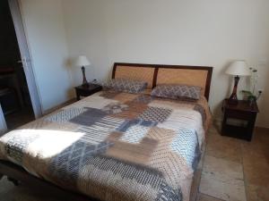 1 dormitorio con 1 cama grande y 2 lámparas en Les Hauts de Cavanello, en Zonza