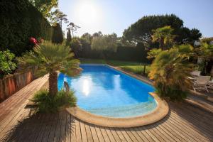 a swimming pool with palm trees in a yard at Appt privé / piscine jacuzzi / 10 min à pied de la plage in Pyla-sur-Mer