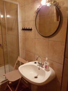 a bathroom with a sink and a mirror and a shower at Folyóka Vendégház in Egyházasgerge