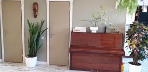 a room with two potted plants and a wooden dresser at Family Apartment Nida in Nida