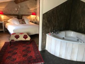 ein Schlafzimmer mit einem Bett und einer Badewanne in einem Zimmer in der Unterkunft La maison d' Elizabeth in Lagrasse