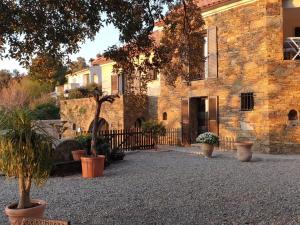 una casa de piedra con macetas delante de ella en Villa A funtanella en Patrimonio