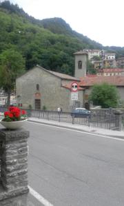 una strada con una ciotola di fiori sul ciglio di una strada di La Foresta Albergo Ristorante Pizzeria a Badia Prataglia