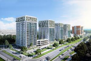 una vista aérea de una ciudad con edificios altos en Wave Apartments - Cztery Oceany, en Gdansk