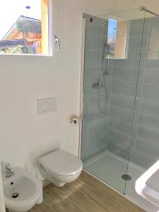 a bathroom with a shower and a toilet and a sink at Il Miraggio in Fregene