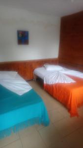 two beds sitting next to each other in a room at Hospedaje El Viajero De Versalles in Calarcá
