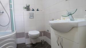 a bathroom with a sink and a toilet and a shower at Pineta25 in Pula
