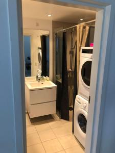 een badkamer met een wastafel en een wasmachine bij Cph Lux Apartment KV in Kopenhagen