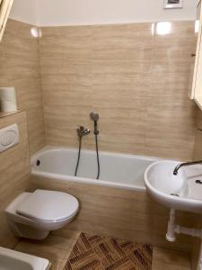 een badkamer met een bad, een toilet en een wastafel bij Galas ubytovani v soukromi in Brno