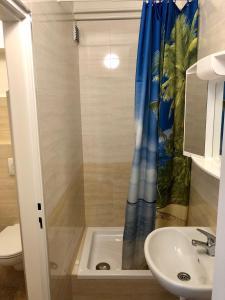 een badkamer met een wastafel en een douchegordijn bij Galas ubytovani v soukromi in Brno