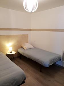 1 dormitorio con 2 camas y una lámpara en la pared en 2 impasse de l'eglise, en Artalens-Souin