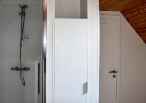 een badkamer met een douche en een witte deur bij B&B Plattestien in Halle