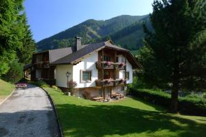 una casa en una colina con césped con entrada en Appartementhaus Habich, en Bad Kleinkirchheim